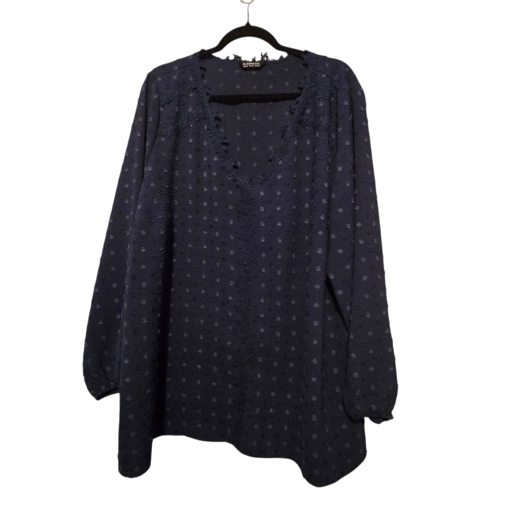 Bloomchic Swiss Dot Tunic‎ Top Blouse Womens 22 24 Navy Blue Lace Peasant Boho